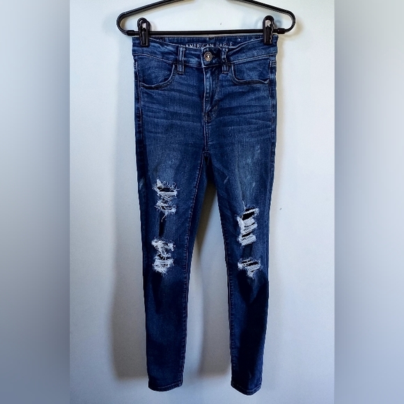American Eagle NE(X)T Level Stretch Hi-Rise Jegging 4 Med Dark Distressed - Picture 1 of 5